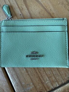 Coach Mint Green Textured Leather Zip Card Case